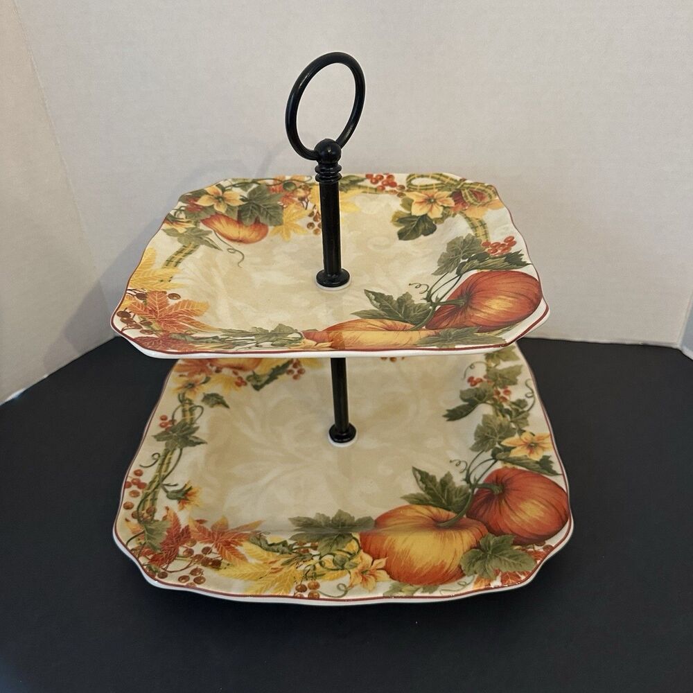 222 FIFTH Pumpkin Vine Orange 2 tier Serving Tray Platter Thanksgiving